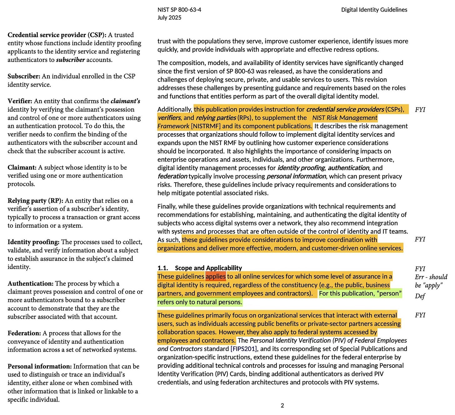 Excerpt of annotated page from SP 800-63-4, with highlighted text and inserted definitions