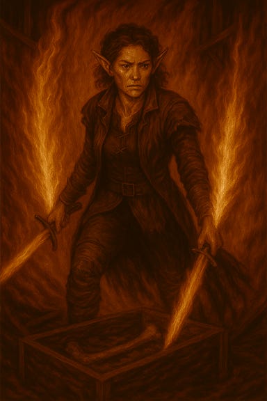 Create an image of Silverleaf with two swords on fire, with features inspired by Tatiana Maslany (not an exact likeness), and elven features