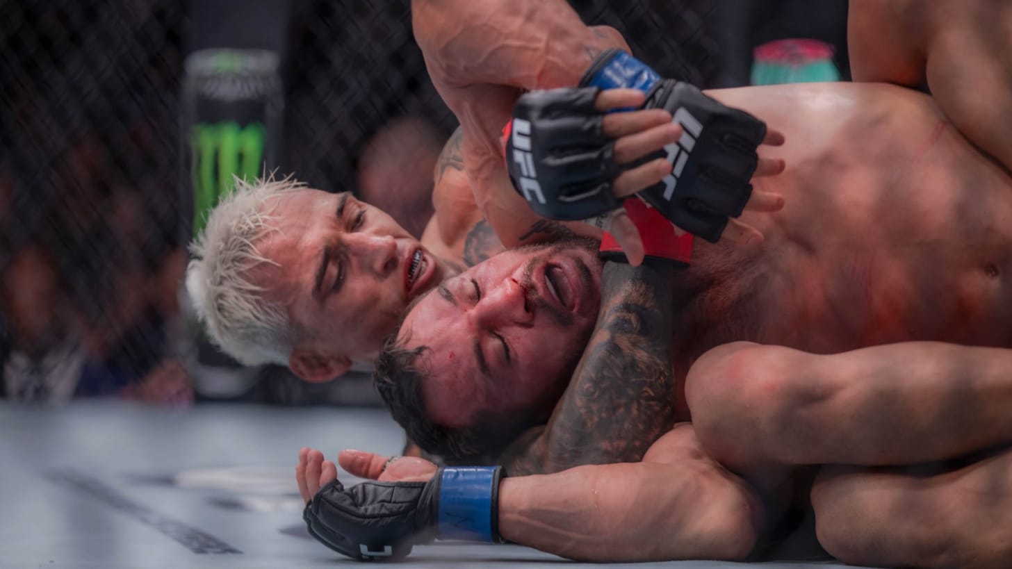 November , 2024. New York City

Charles Oliveira (left) won his match at the UFC fight at MSG where Trump was a spectator. 

(Natalie Keyssar for Rolling Stone)