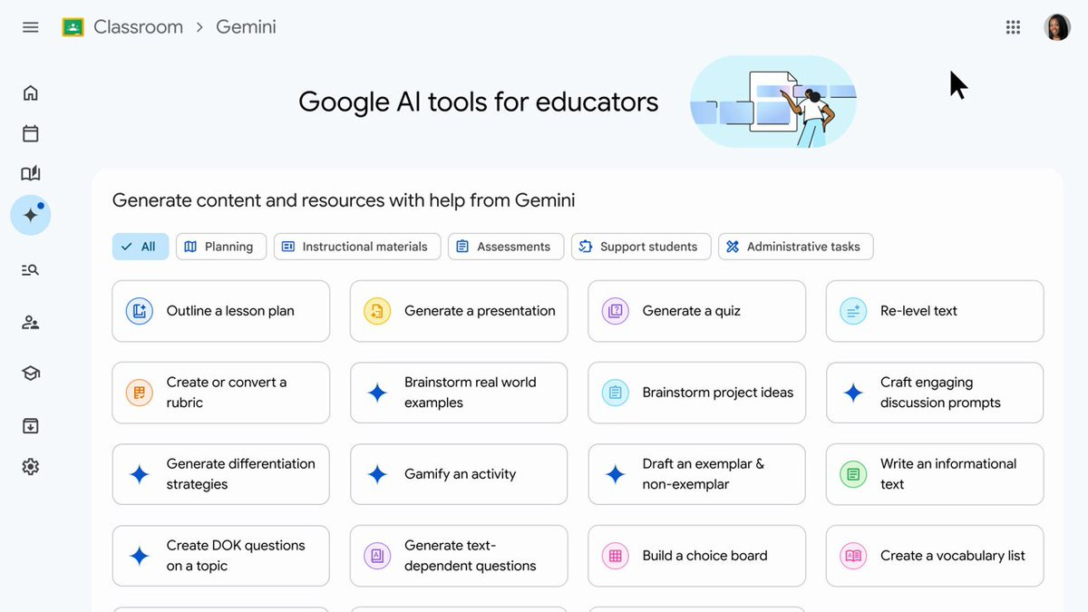 Screenshot showing Google Gemini AI in action within an educational interface, featuring interactive tools and a modern classroom interface