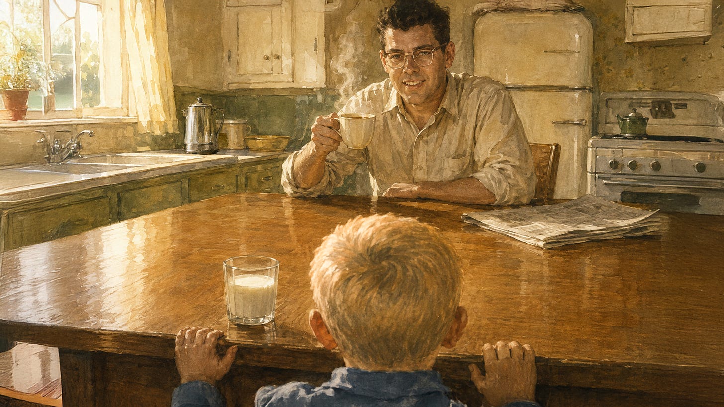 Watercolor painting of a 1950s kitchen. A young father (Monty Horowitz) in glasses and a rolled-sleeve shirt sits at a wooden table lifting a steaming cup of coffee. Across from him, seen from behind, a small fair-haired boy (Rick Horowitz) grips the table edge with both hands, a glass of milk beside him. A percolator sits on the counter by a sunlit window.