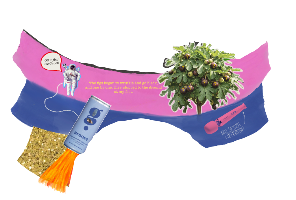 A playful illustration featuring a fig tree with ripe figs, astronauts, and humorously whimsical text about exploration and sexual liberation, alongside a product can and a pink device. A playful illustration featuring a fig tree with ripe figs, astronauts, and humorously whimsical text about exploration and sexual liberation, alongside a product can and a pink device.