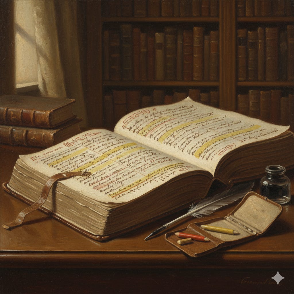 an artwork showing a book with lots of underlines, highlights and marginalia. Give it an oil painting look from the early 1800s.