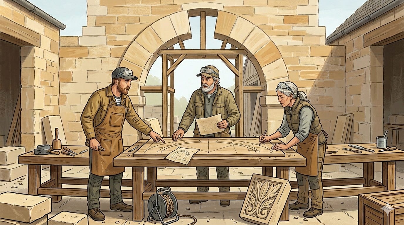 In a stone courtyard, two stonemasons consult the leader and shared plans while a finished keystone awaits placement in an unfinished arch.