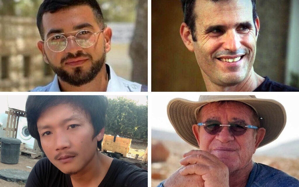 The four slain hostages whose bodies were still held in Gaza as of November 9, 2025 (Clockwise from top left): Ran Gvili, Dror Or, Meny Godard and Sudthisak Rinthalak. (Collage by Times of Israel; Photos: Courtesy)