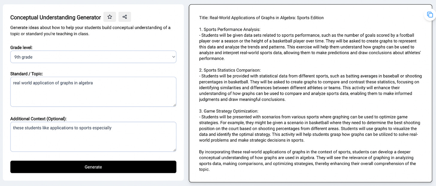 A teacher copilot tool where the teacher has requested a particular conceptual understanding example of a topic and the copilot tool has produced some ideas.