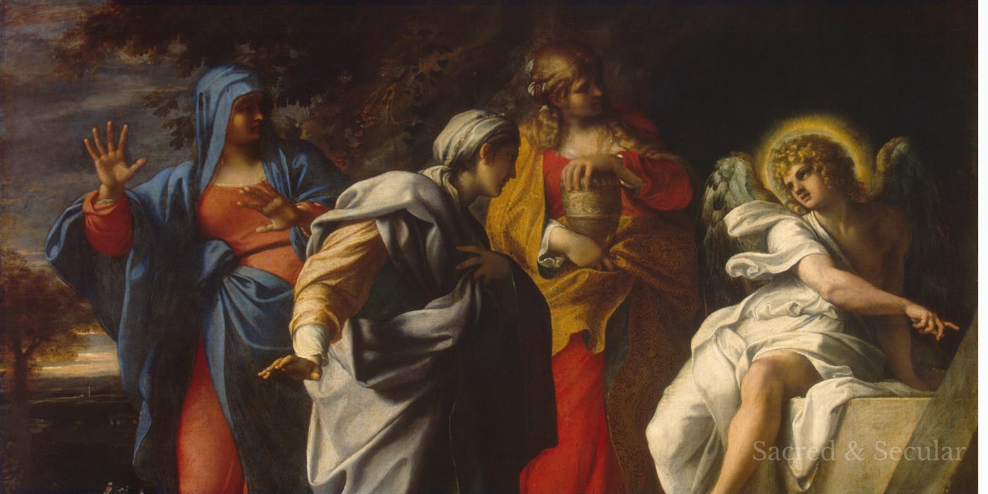 Painting by Annibale Carracci showing women gathered at Christ’s empty tomb as an angel announces the resurrection. Painting by Annibale Carracci showing women gathered at Christ’s empty tomb as an angel announces the resurrection.