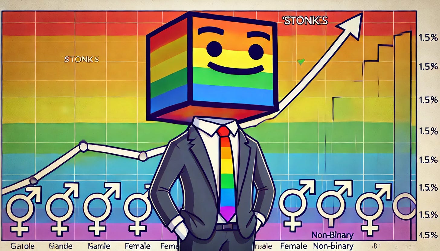 Create a 'stonks' meme-inspired banner image featuring the original blockhead character in front of a financial graph with arrows pointing upwards. The character should be stylized in a simple, blocky design wearing a suit and a rainbow-colored tie. The financial arrows and the background should be rainbow-themed, representing LGBTQ pride. Add various gender symbols (e.g., male, female, non-binary) around the graph to emphasize inclusivity. The rainbow colors should be vibrant and clearly visible, with the arrows symbolizing positive financial growth. The overall design should maintain the meme's humorous and satirical tone, with a wide, horizontal layout suitable for a banner.