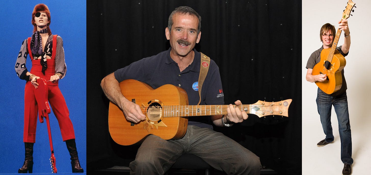 photo triptych showing David Bowie as Ziggy Stardust, Chris Hadfield with Voyageur and  Ted Lamont with Voyageur