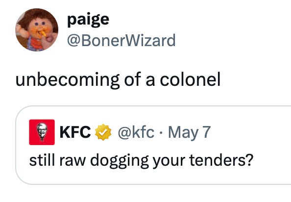 Tweet from @BonerWizard that says "unbecoming of a colonel"