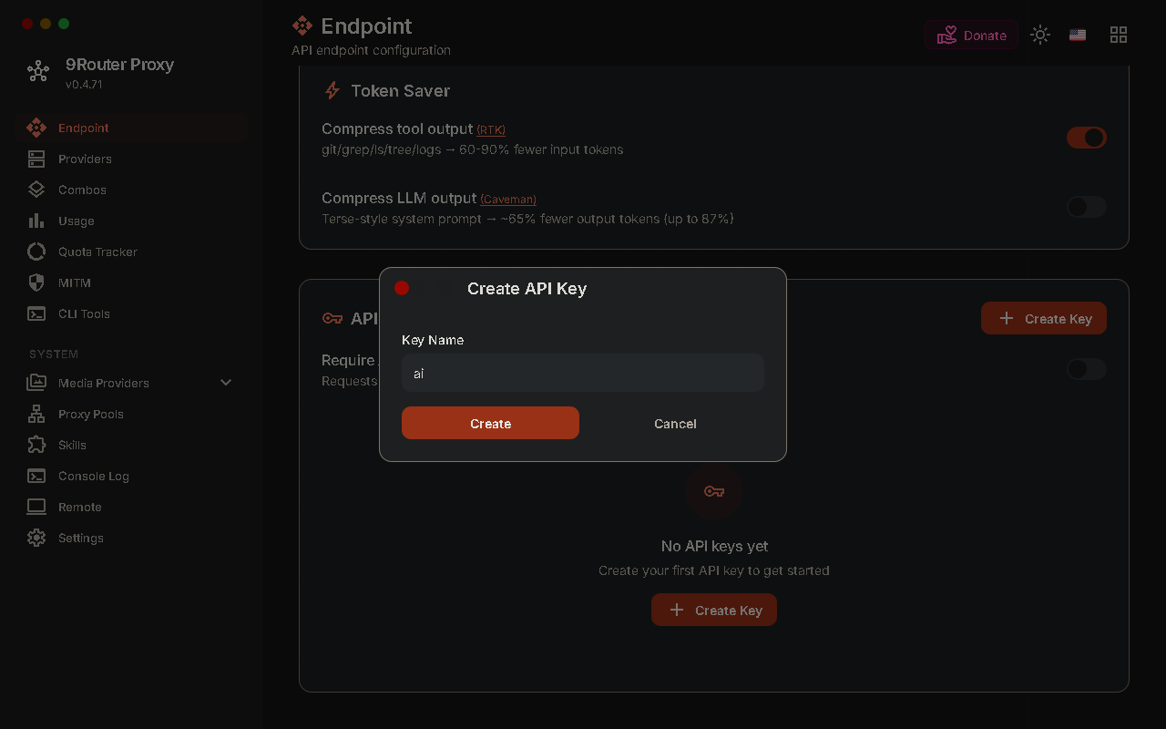 9Router dialog for creating a new API key. 9Router dialog for creating a new API key.
