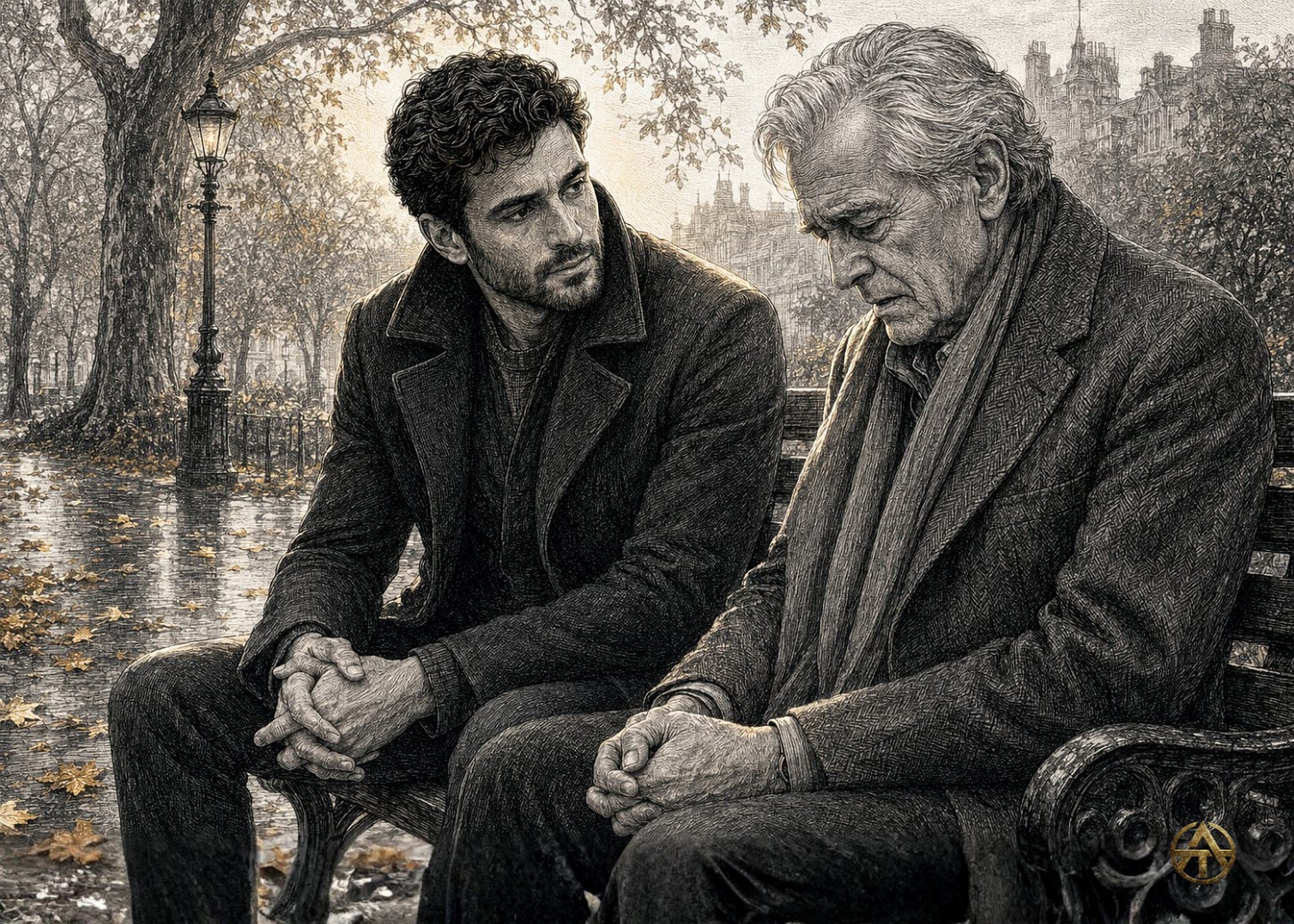Fine-line illustration of a younger man listening intently to an older, silver-haired man with his eyes lowered in resignation as they sit on a bench in a London park surrounded by golden autumn leaves.