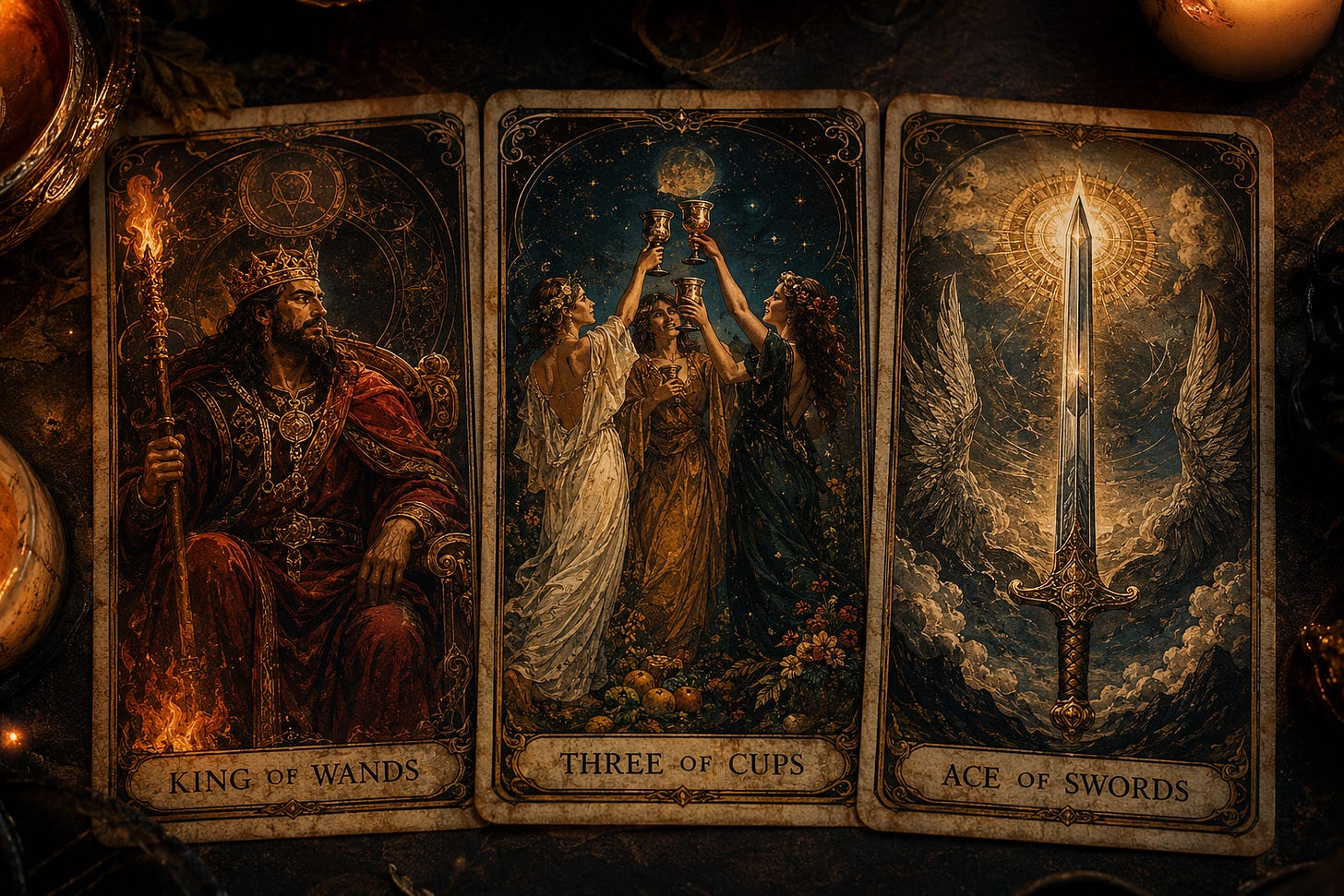 Three ornate tarot cards side by side — the King of Wands, Three of Cups, and Ace of Swords — showing elemental dignities across fire, water, and air Three ornate tarot cards side by side — the King of Wands, Three of Cups, and Ace of Swords — showing elemental dignities across fire, water, and air