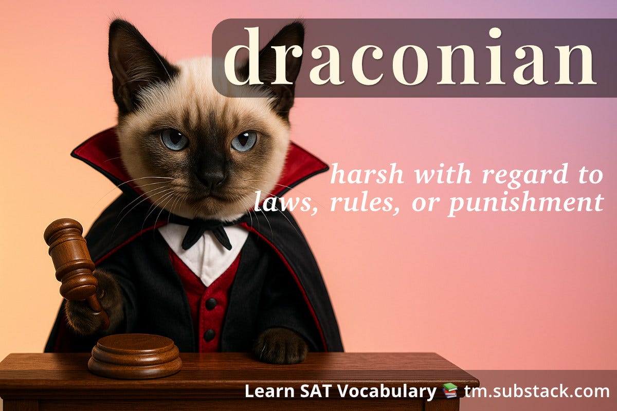 Illustration of a vampire kitten dressed as a judge with a gavel; used to illustrate the SAT word 'draconian'.