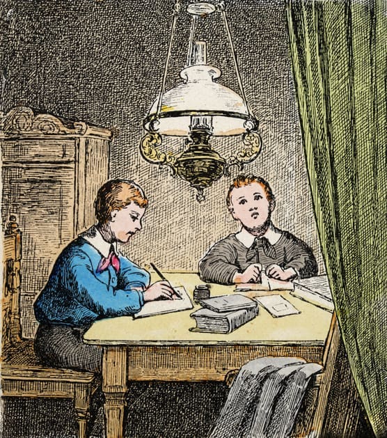 Vintage illustration of two boys studying Vintage illustration of two boys studying