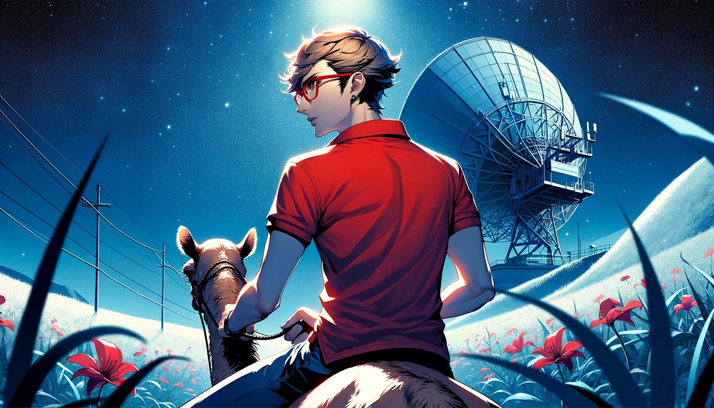 Dynamic and exaggerated anime art in the style of 'Persona 5', featuring a male programmer engineer with styled short blonde hair and red-framed glasses. He is wearing a plain red polo t-shirt without any logo. He is seen from behind, riding a camel at night through a field of flowers. In the night sky, there is a radar dish. He is pointing at it with his finger.