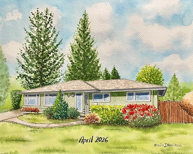 A watercolour painting of a green bungalow with plants and trees