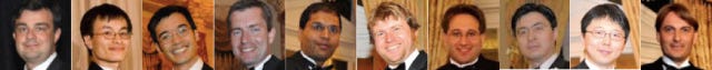 a series of separate photos lined up side by side, all of men in tuxedos