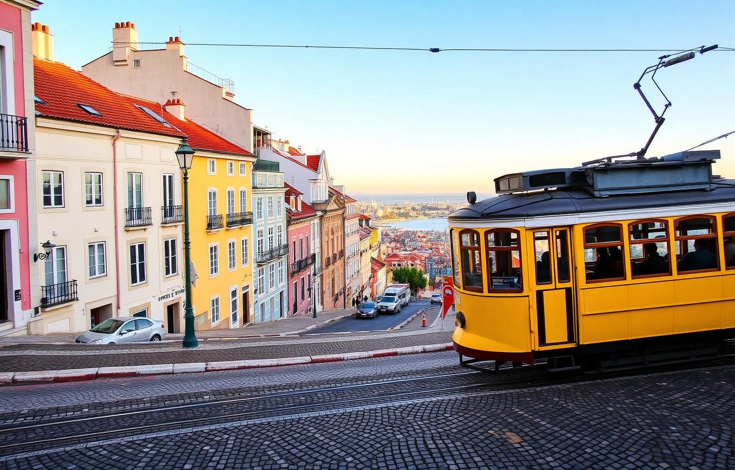 Lisbon yellow tram on a tiled hill street with the Tagus river behind