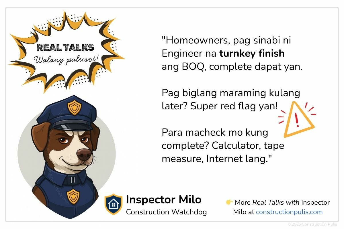 Inspector Milo mascot warning homeowners to verify BOQ completeness using calculator, tape measure, and internet