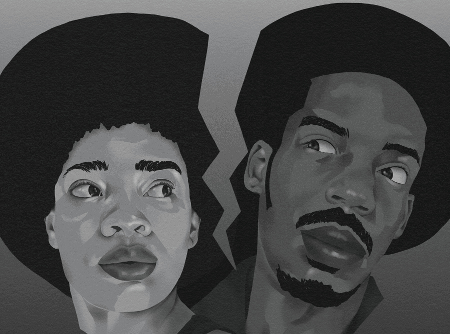 Black and white digital illustration of a man and woman in a broken heart shape, symbolizing separation. Artwork copyrighted—do not copy, share, or use without permission.