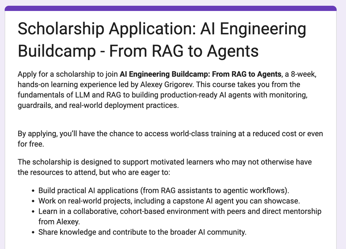 Announcement for an AI Engineering Buildcamp scholarship, focusing on hands-on learning and support for motivated learners.