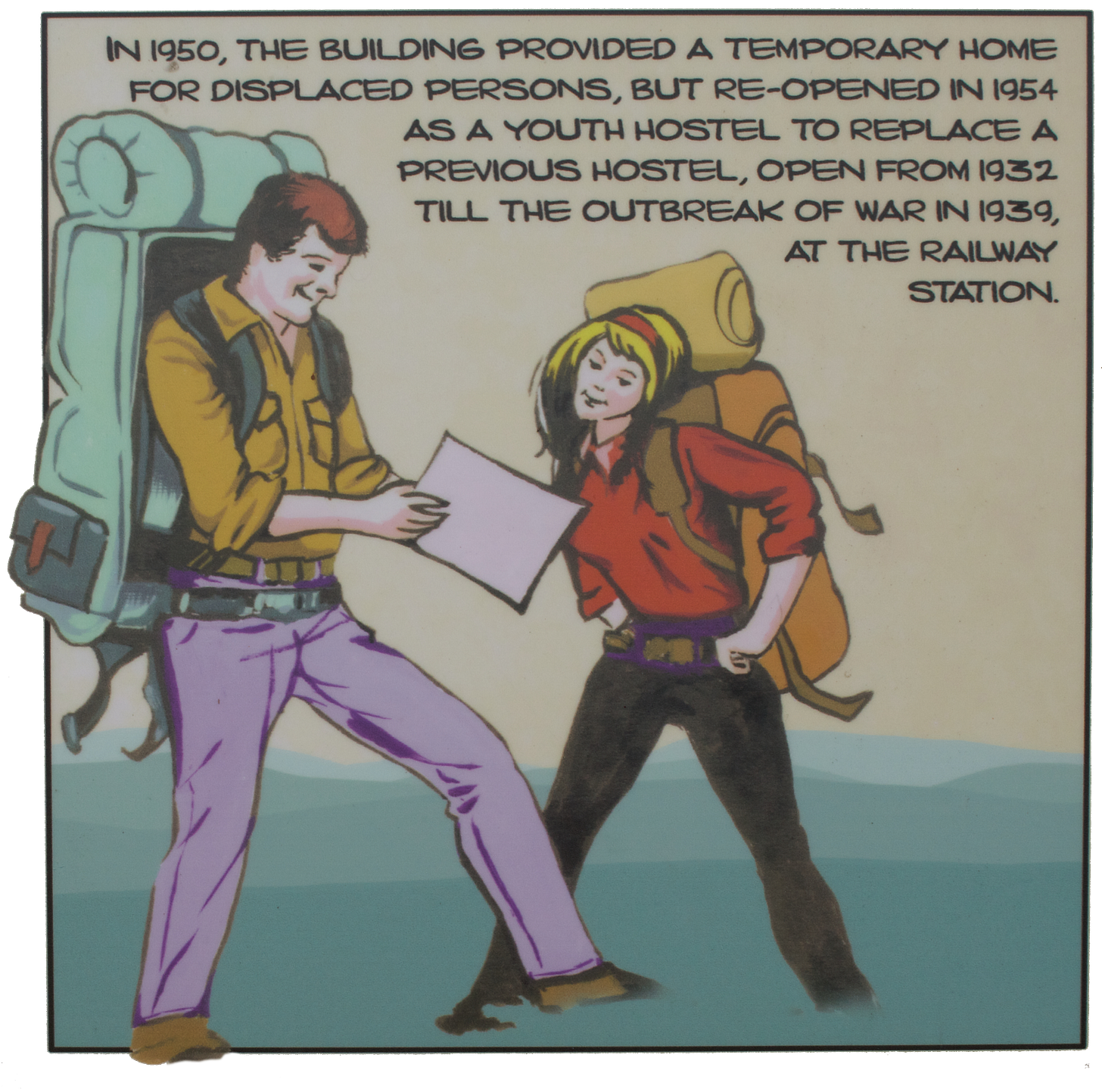 Boy and girl hikers, enormous backpacks, 1970s clothing