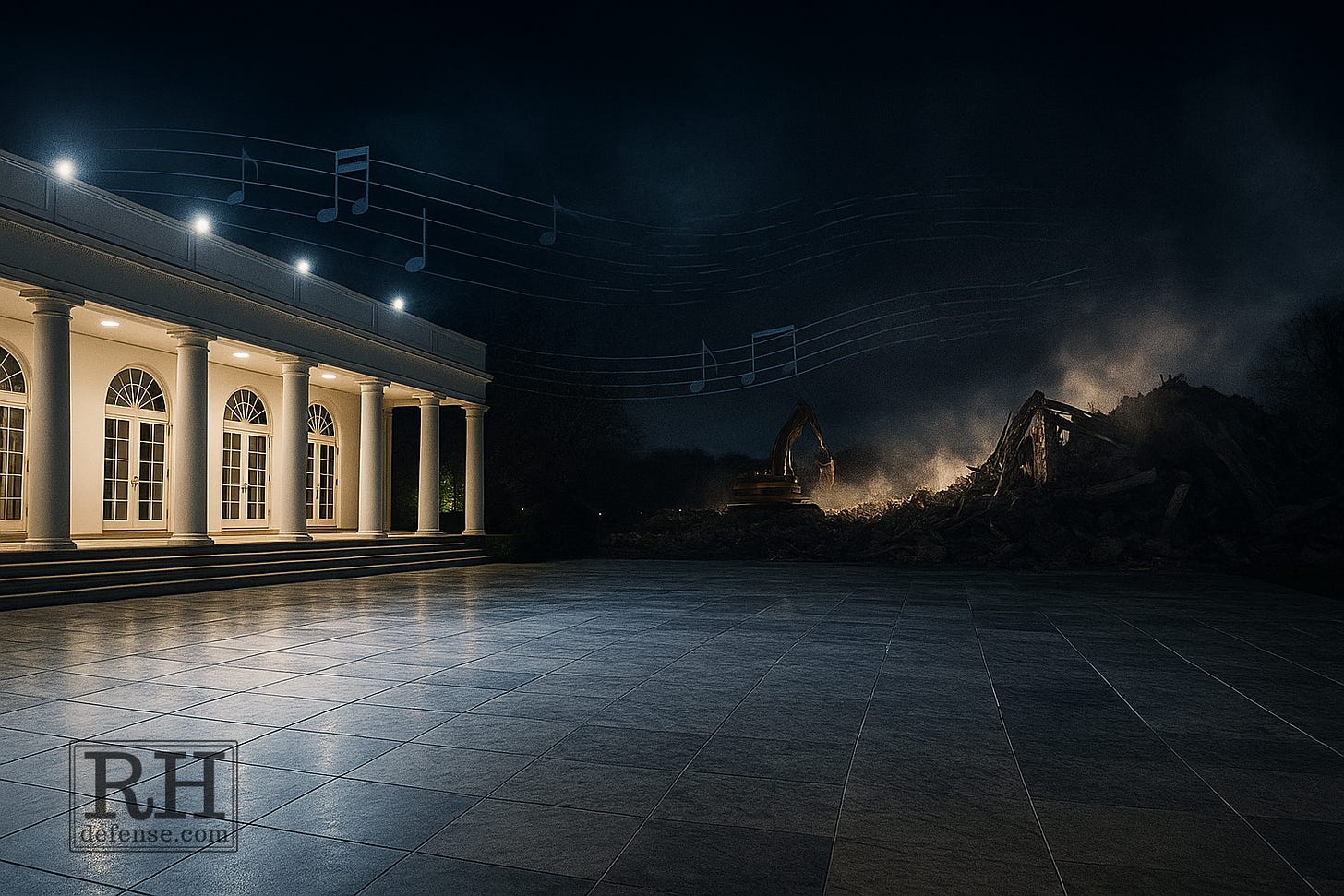 Floodlit marble tiles of the Rose Garden glow under cold white light, with tables and umbrellas arranged neatly. Beyond them, the East Wing lies in shadowed rubble, and faint sound waves drift through the air, dissolving into static — beauty performing order while ruin waits in silence.