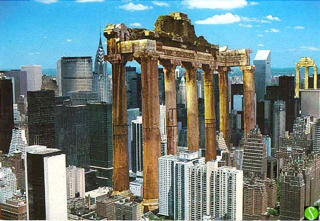 1987 postcard collage of New York with Roman forum, by Steve Butcher