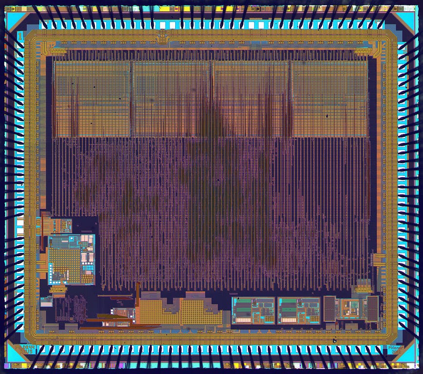 A 1986VE91T (also known as 1986ВЕ91Т) ARM Cortex-M3 based microcontroller designed by Russian company Milandr. 128KiB of flash memory, 32KiB of SRAM, hardware USB and 80Mhz core clock. Manufactured using 180nm technology with aluminum metalization. Die size 6.54x5.9mm. As this chip was contained within a ceramic package, no plastic etching was necessary to capture this image and as a result, all bonding wires are intact and visible. A 1986VE91T (also known as 1986ВЕ91Т) ARM Cortex-M3 based microcontroller designed by Russian company Milandr. 128KiB of flash memory, 32KiB of SRAM, hardware USB and 80Mhz core clock. Manufactured using 180nm technology with aluminum metalization. Die size 6.54x5.9mm. As this chip was contained within a ceramic package, no plastic etching was necessary to capture this image and as a result, all bonding wires are intact and visible.