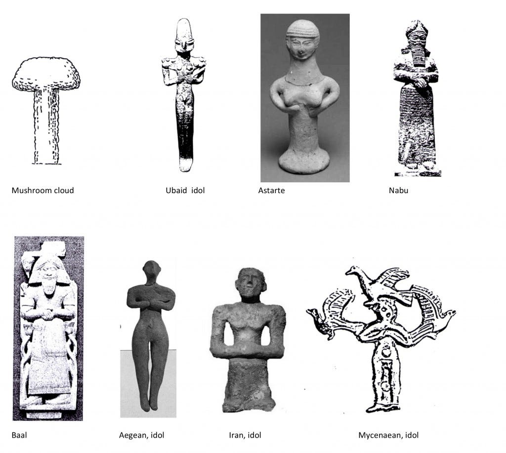 Mushroom cloud and column, deity bent elbow stance