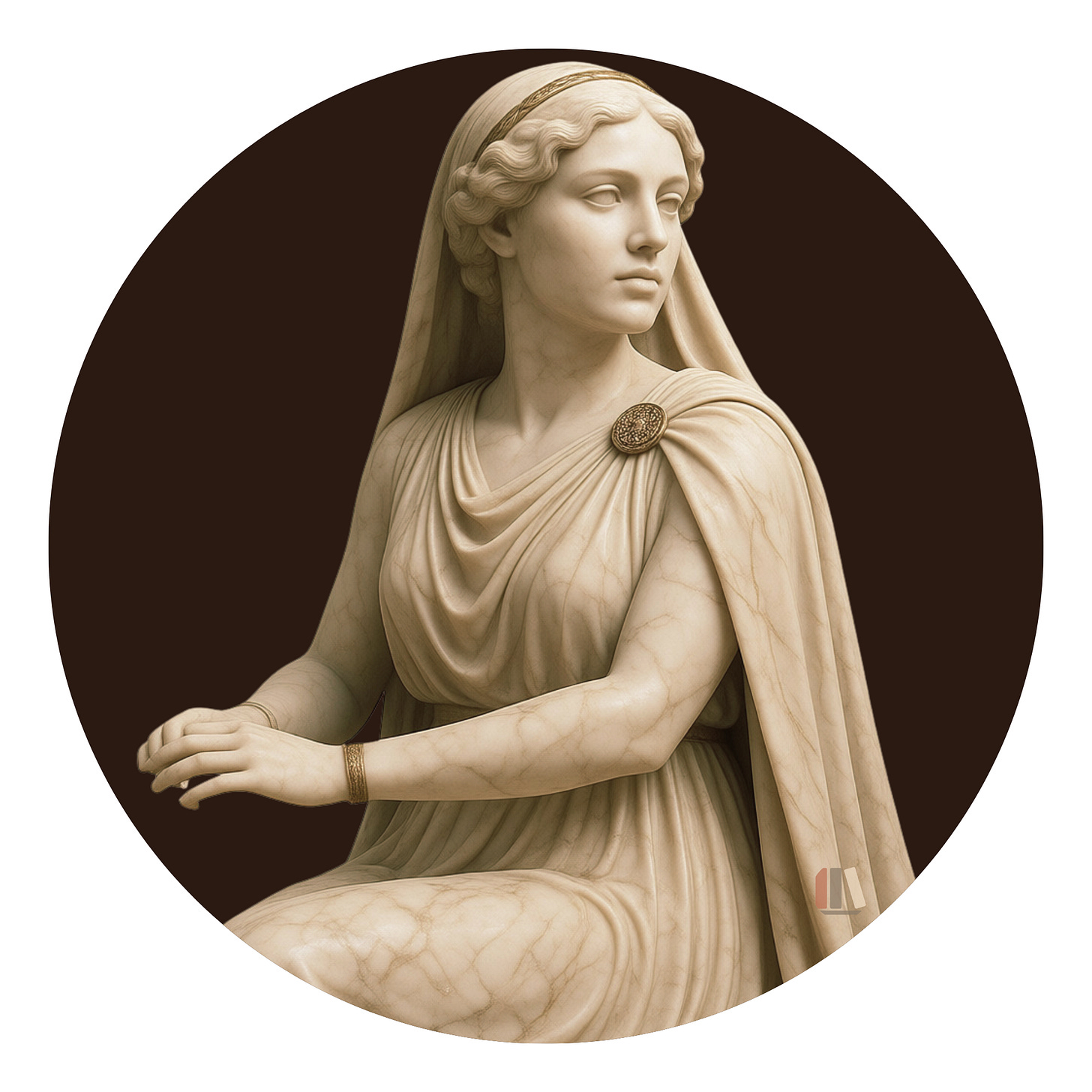 culpted classical bust in pale stone against a dark brown circle. A veiled woman seated in a draped robe turns to look off to the side with a considering, deliberate expression, hands resting mid-gesture rather than at rest. culpted classical bust in pale stone against a dark brown circle. A veiled woman seated in a draped robe turns to look off to the side with a considering, deliberate expression, hands resting mid-gesture rather than at rest.