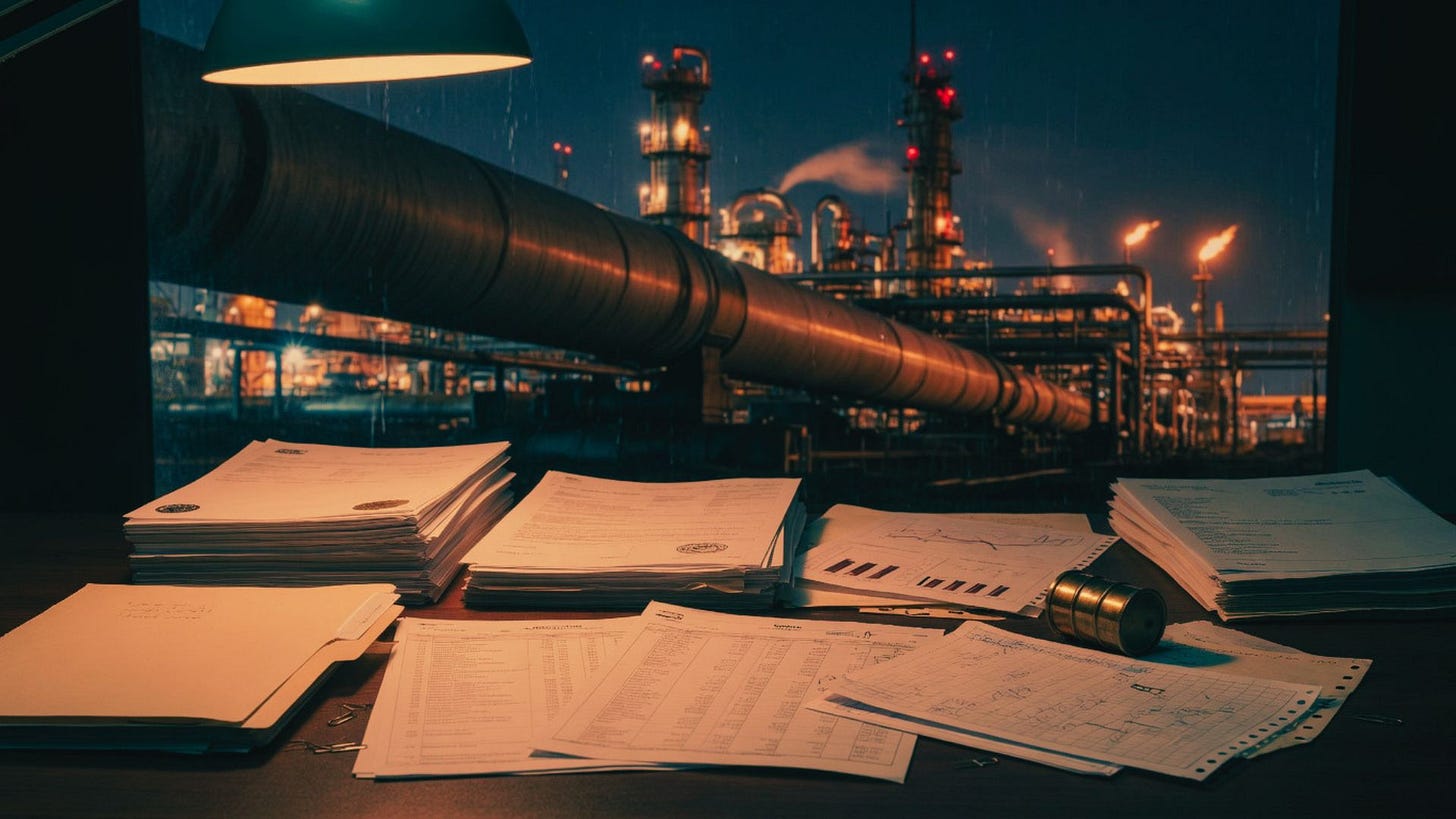 Industrial facility with stacks of documents and papers on desk at night