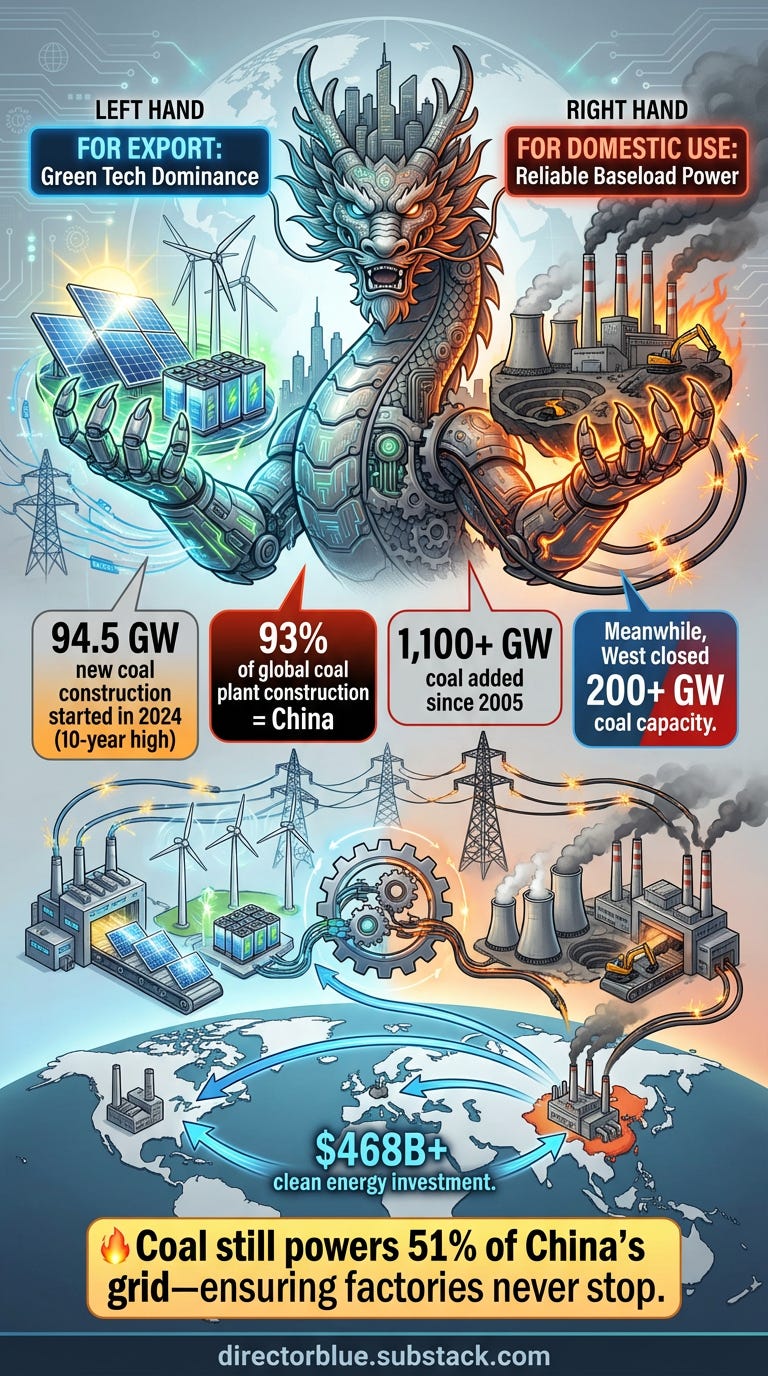 Create a vertical TikTok-format (916) infographic illustration depicting Chinas dual energy strategy Show a CENTRAL CHINESE DRAGON or stylized industrial China silhouette holding TWO HANDS the LEFT HAND holds solar panels wind turbines and b_image_1