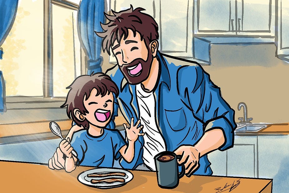 Father and child laugh together at a kitchen table. The child holds cutlery near a plate, and the father holds a mug. Bright, cheerful scene. Father and child laugh together at a kitchen table. The child holds cutlery near a plate, and the father holds a mug. Bright, cheerful scene.