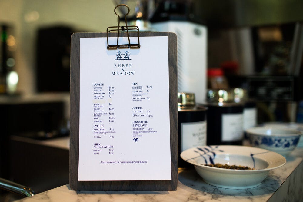 The menu at Sheep &amp; Meadow… The signature beverage changes based on the season.