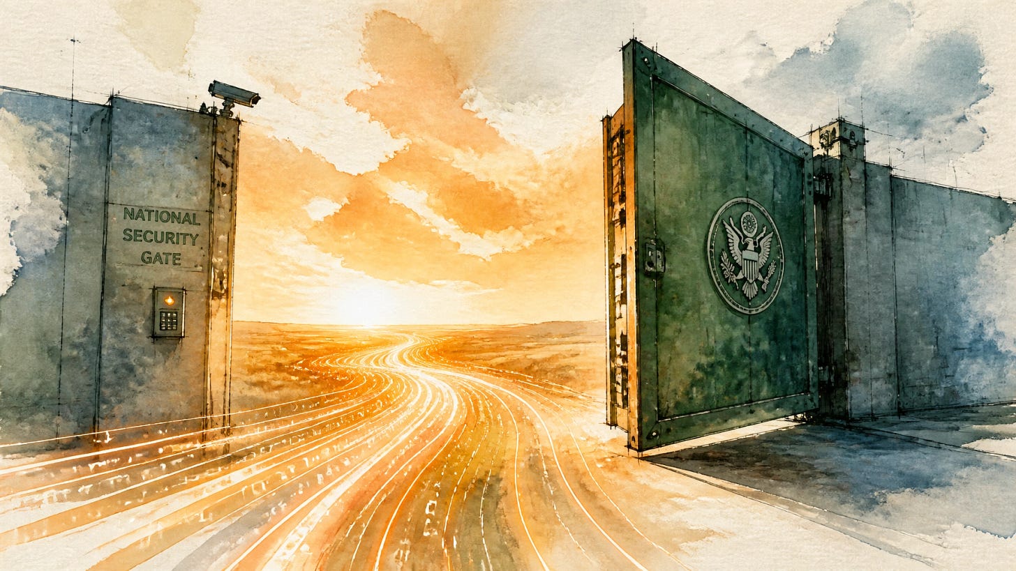 A national-security gate swinging back open with data streams flowing through it, illustrating the US government lifting export controls on Anthropic's Fable 5 and Mythos 5