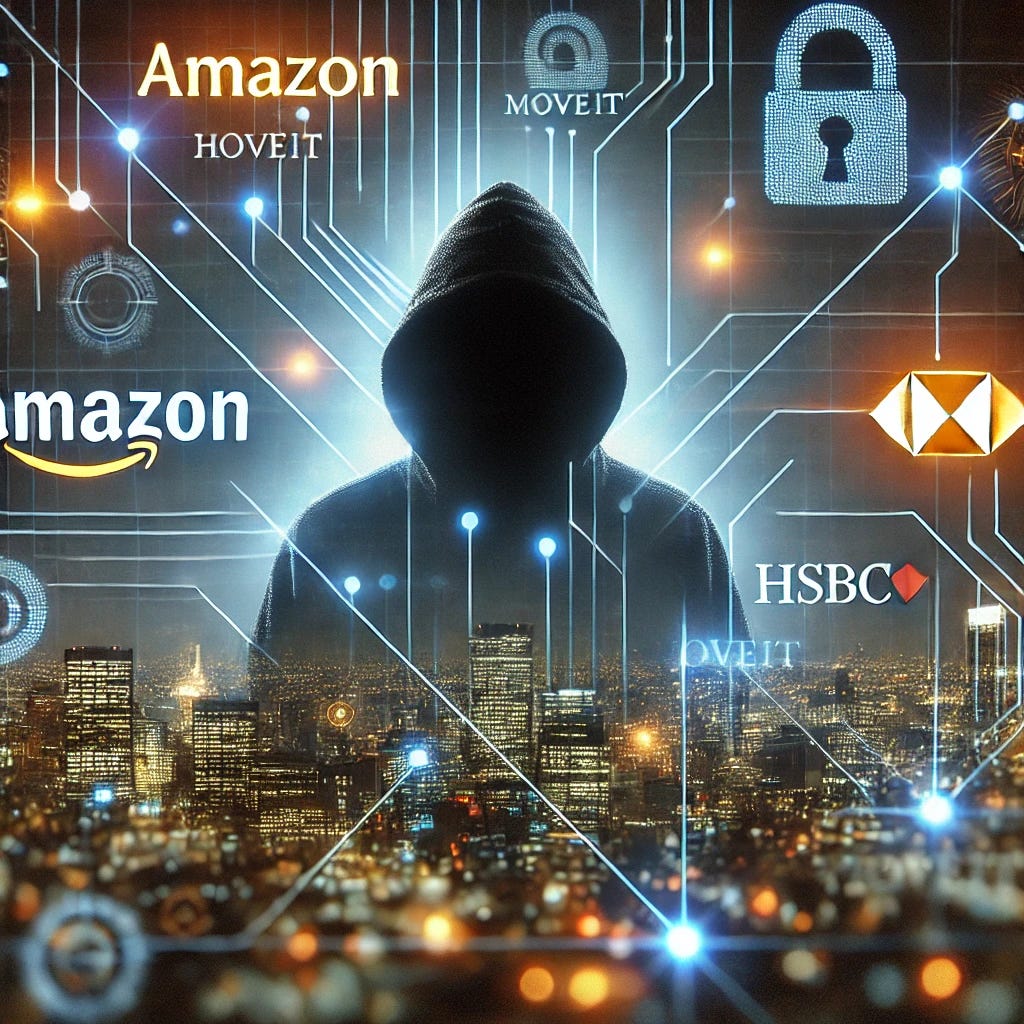 A high-resolution illustration of a hacker silhouette surrounded by digital nodes and leaked data streams, symbolizing the MOVEit breach. The background includes glowing corporate logos like Amazon and HSBC subtly blurred to suggest the breach's scope.