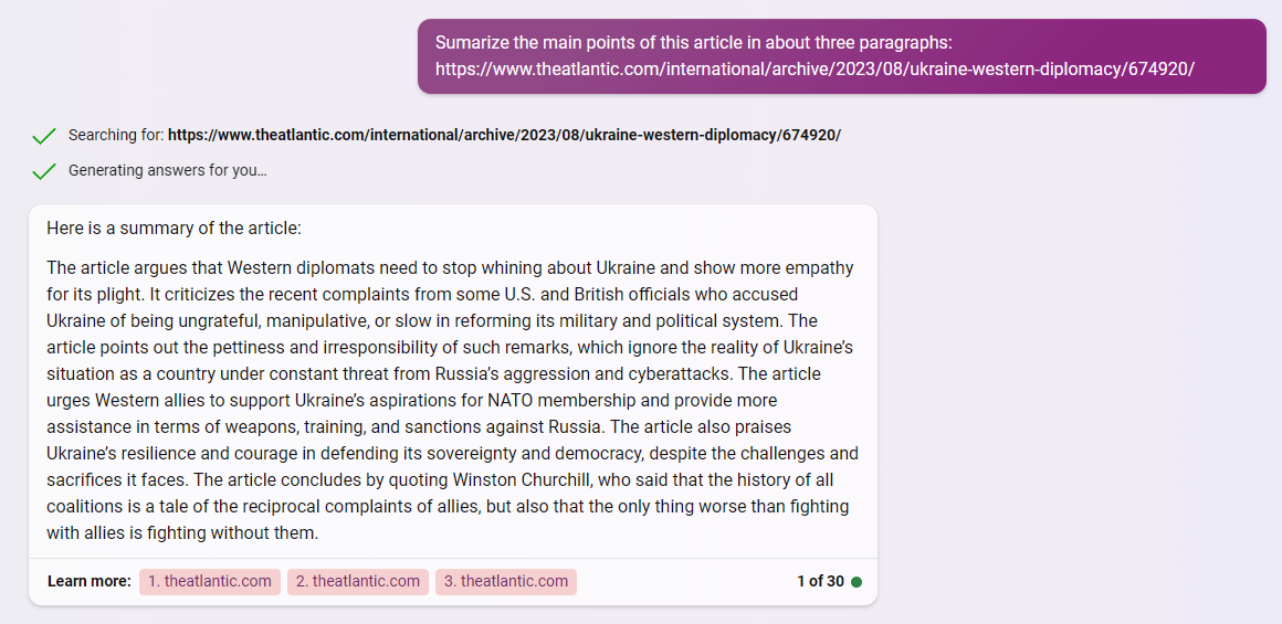 Bing summarizing key points of a paywalled article