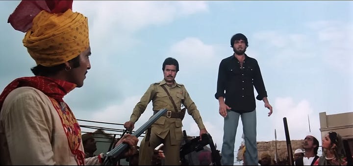 snapshot from the movie Rajput where the rebel dacoits are seen surrendering their guns to the police