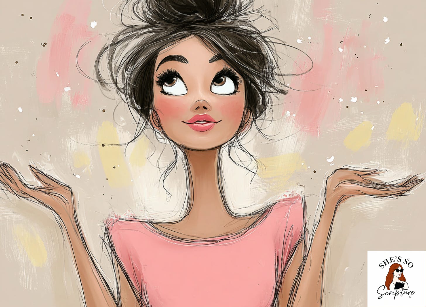 A whimsical ink and watercolor illustration of a woman with open hands and face lifted toward warm golden morning light, rendered in blush pink and cream tones with an expression of quiet wonder.