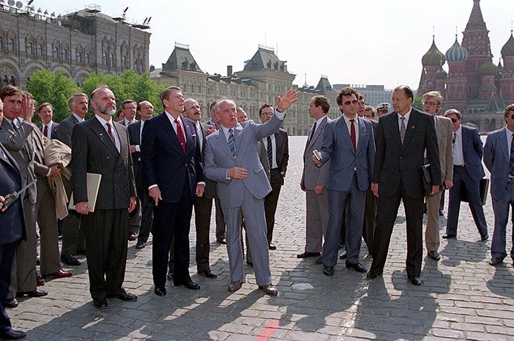 In May 1988, Reagan traveled to Moscow for the first time to meet  Gorbachev. Six months earlier they had signed the Intermediate-Range  Nuclear Forces Treaty at the White House. 📸President Reagan and