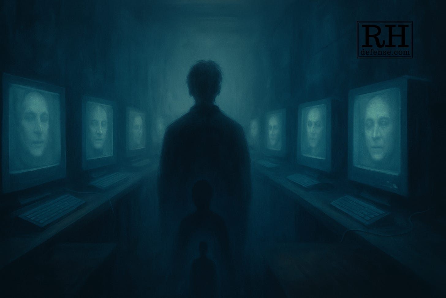 A shadowed figure stands in the center of a dim corridor lined with old computer monitors. Each screen glows faintly, displaying pale, ghostlike human faces that seem to watch the figure. The scene feels dreamlike and eerie, suggesting the blurred boundary between memory, technology, and haunting digital echoes. A shadowed figure stands in the center of a dim corridor lined with old computer monitors. Each screen glows faintly, displaying pale, ghostlike human faces that seem to watch the figure. The scene feels dreamlike and eerie, suggesting the blurred boundary between memory, technology, and haunting digital echoes.