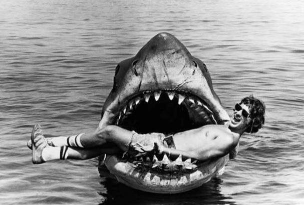 Steven Spielberg inside the mouth of "Bruce," the star of Jaws. Bruce was  named after Spielberg's lawyer, and was the inspiration for the naming of  Bruce the shark in Finding Nemo. :