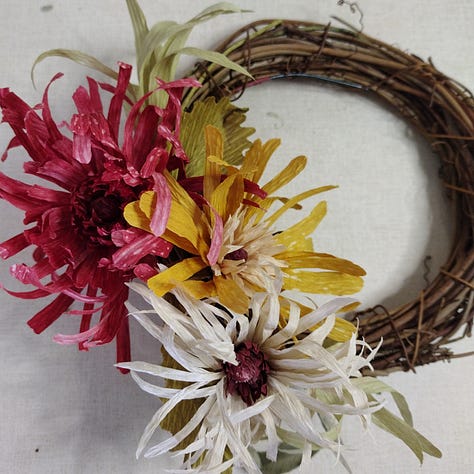 Image one Pink Roses, Image two bright red yellow and cream flowers on a small wreath with grasses, Image three paper sea holly photographed against an illustration of sea holly