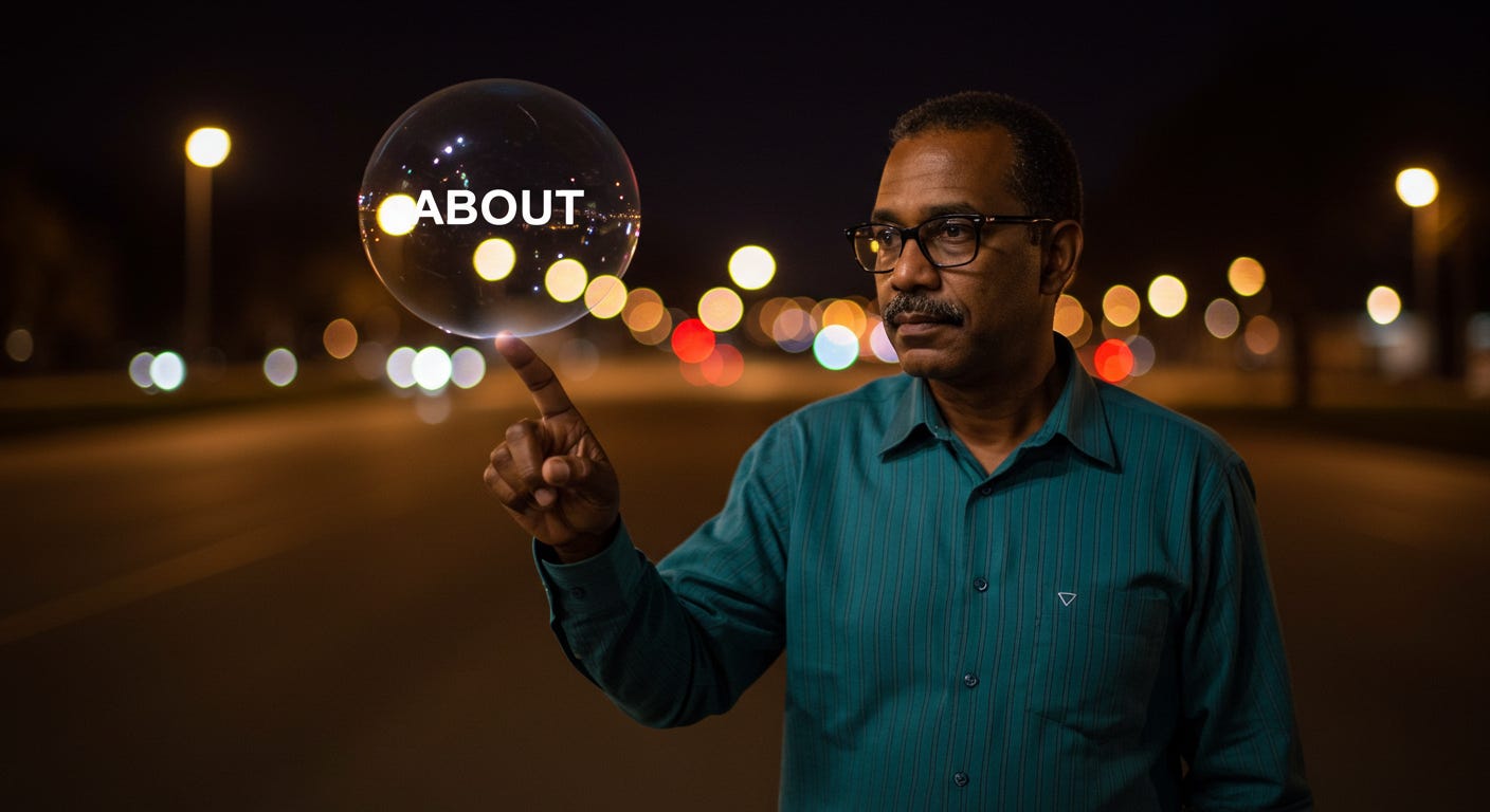 A night scene: A man is pointing to a floating bubble containing "About". A night scene: A man is pointing to a floating bubble containing "About".