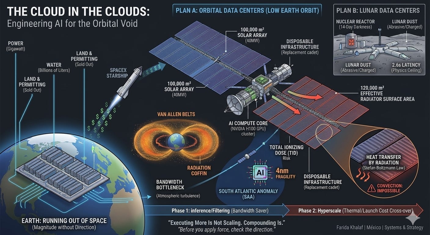 A technical infographic contrasting the environmental exhaustion of Earth (power, land, water) with the engineering hostilites of the Moon (radiation, 14-day darkness, lunar dust). A "Borrowed Vector" arrow points from a ruined Earth toward a cluttered lunar base, illustrating the risk of exporting systemic inefficiencies into space. The bottom text reads: "We ruined the Earth. Now it's time to ruin the Moon?" below the signature 'Farida Khalaf