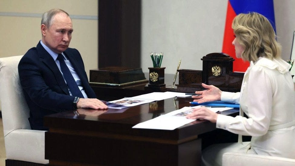President Putin in talks with Lvova-Belova at the Novo-Ogaryovo state residence, outside Moscow, on 16 February 2023 President Putin in talks with Lvova-Belova at the Novo-Ogaryovo state residence, outside Moscow, on 16 February 2023