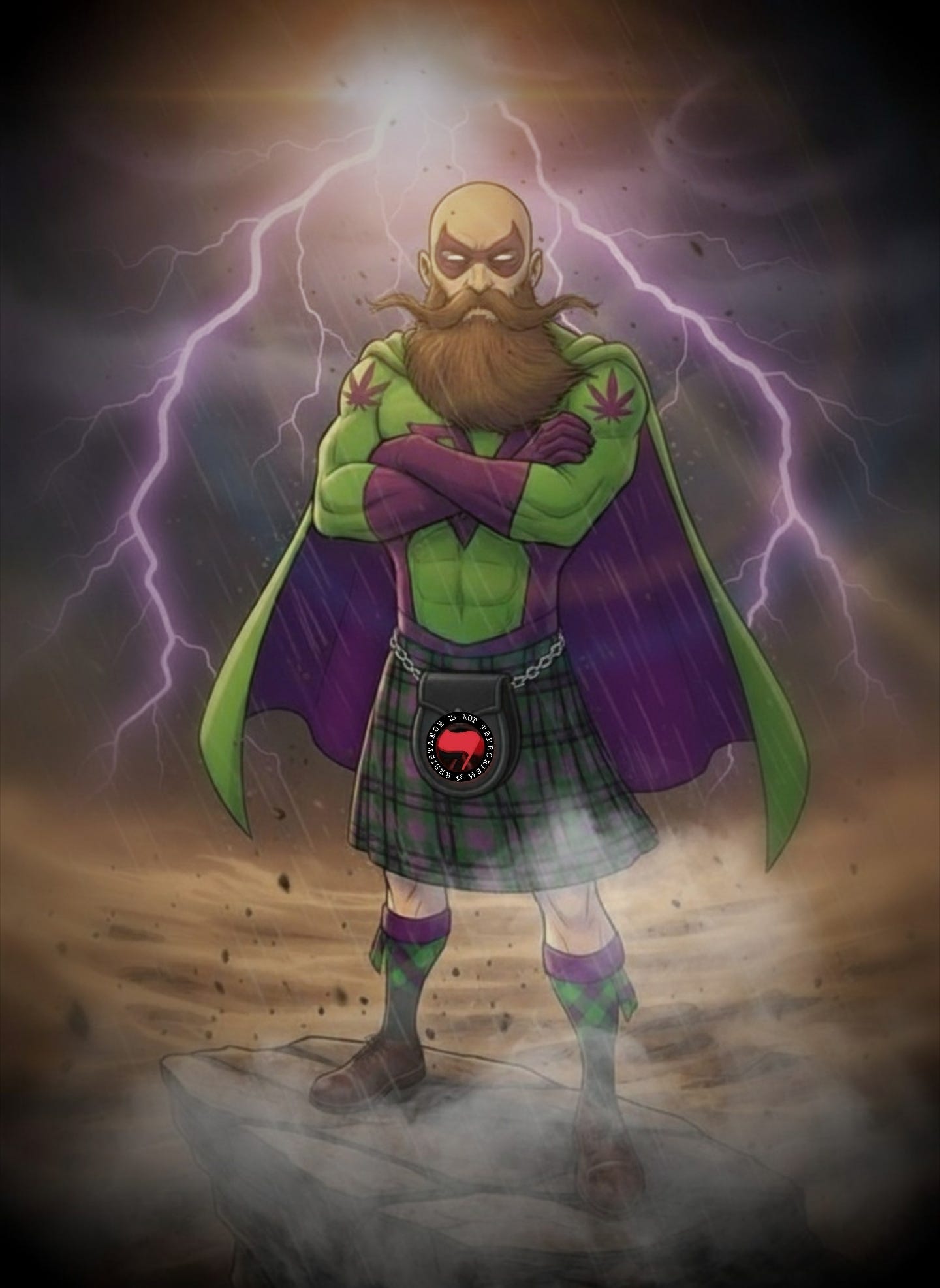 This is a dynamic, comic-book-style illustration of an imposing superhero figure. The character is a bald man with a very large, bushy, reddish-brown beard and a prominent handlebar mustache. He is wearing a green and purple superhero costume, complete with a cape, but instead of traditional pants, he wears a matching green and purple tartan kilt with a black sporran at his waist. The sporran features a red and black emblem with a raised fist. On his shoulders are green cannabis leaf symbols. He stands in a powerful, arms-crossed pose on a jagged rock, with mist swirling around his feet. The background is a dark and turbulent, stormy sky, dramatically illuminated by vivid purple lightning, creating an epic and formidable atmosphere. This is a dynamic, comic-book-style illustration of an imposing superhero figure. The character is a bald man with a very large, bushy, reddish-brown beard and a prominent handlebar mustache. He is wearing a green and purple superhero costume, complete with a cape, but instead of traditional pants, he wears a matching green and purple tartan kilt with a black sporran at his waist. The sporran features a red and black emblem with a raised fist. On his shoulders are green cannabis leaf symbols. He stands in a powerful, arms-crossed pose on a jagged rock, with mist swirling around his feet. The background is a dark and turbulent, stormy sky, dramatically illuminated by vivid purple lightning, creating an epic and formidable atmosphere.