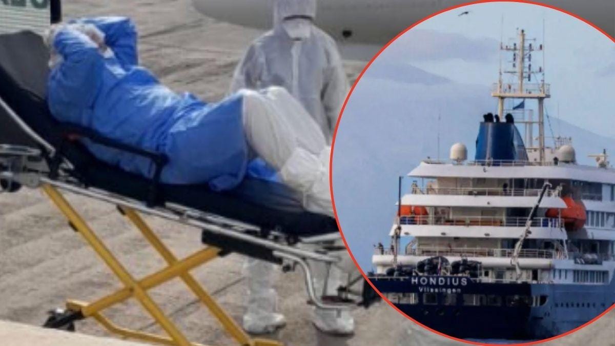 A suspected hantavirus patient was taken off the ship in eerie photos. A suspected hantavirus patient was taken off the ship in eerie photos.